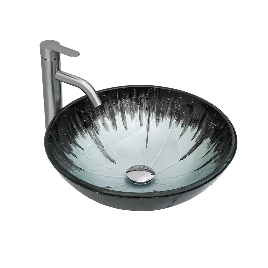 Gray Crackle Vessel Sink with Pop Up Drain – Tempered Glass Bathroom Basin