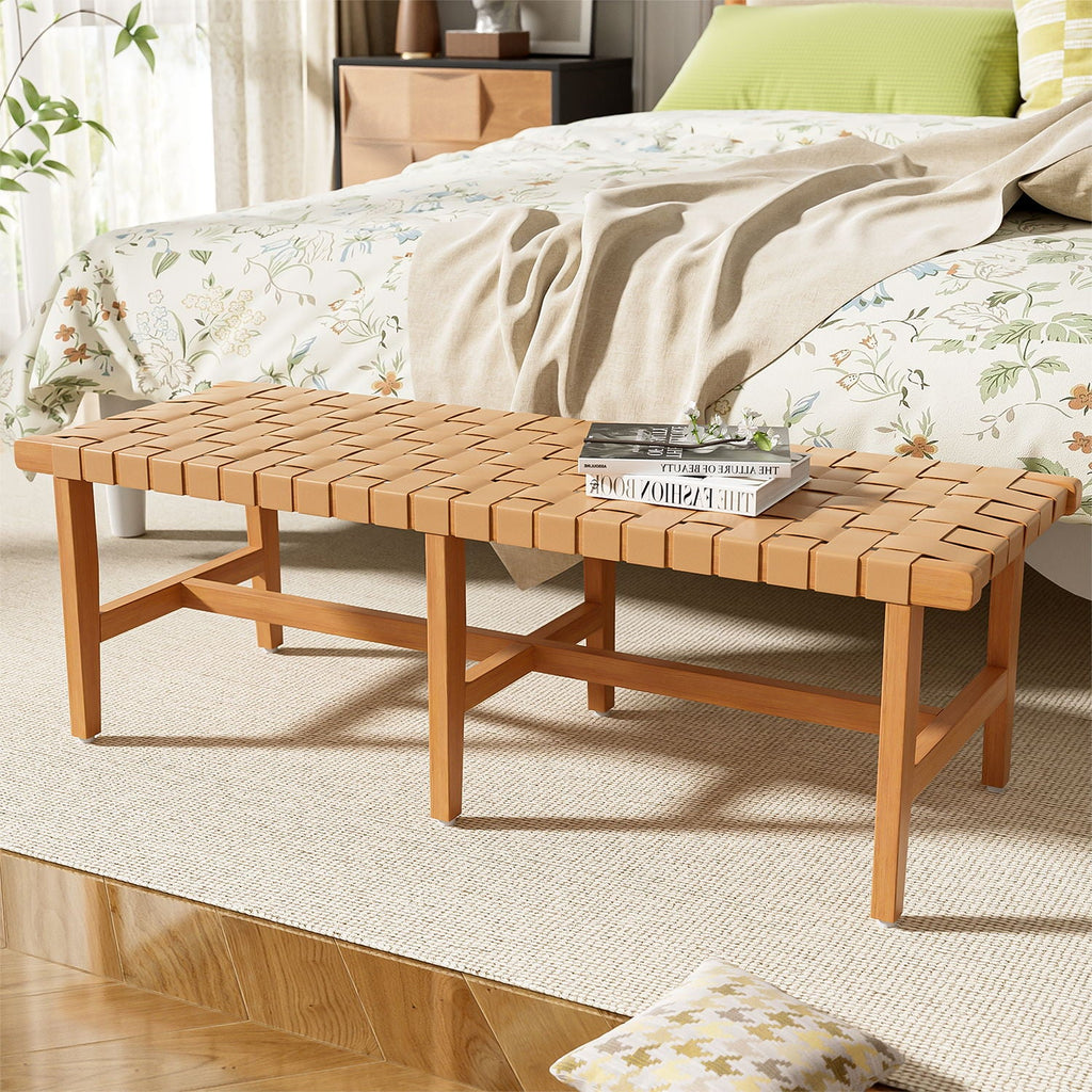 Acacia Wood Bedroom Bench with Woven PU Leather Seat - Warm Teak
