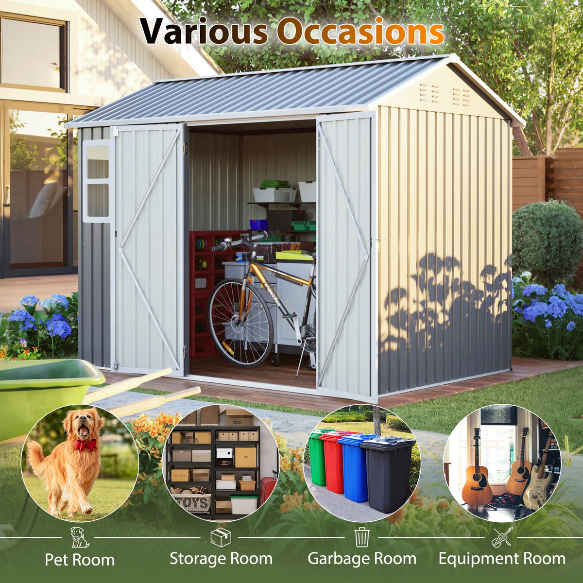 Large Steel Storage Shed with Window & Lockable Doors - Gray