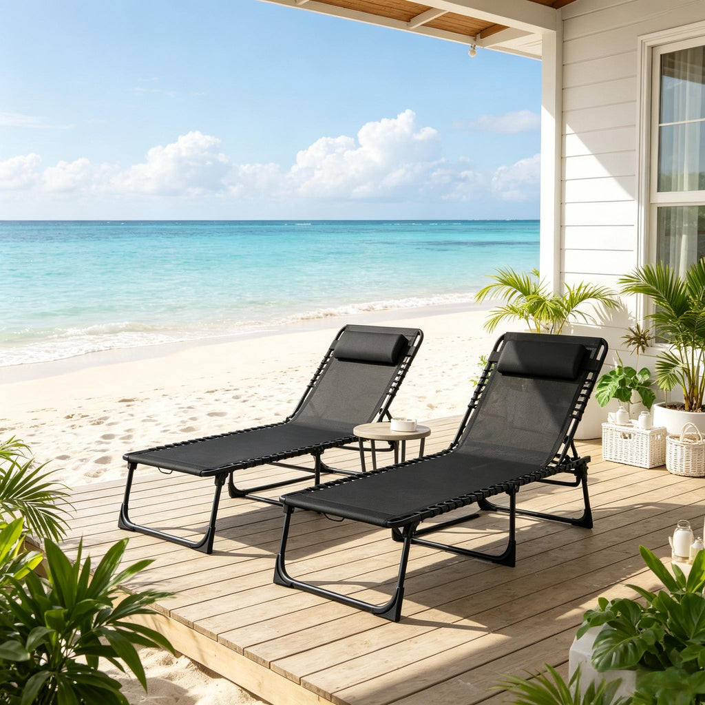 Folding Chaise Lounge Pool Chairs with Mesh Fabric – Set of 2