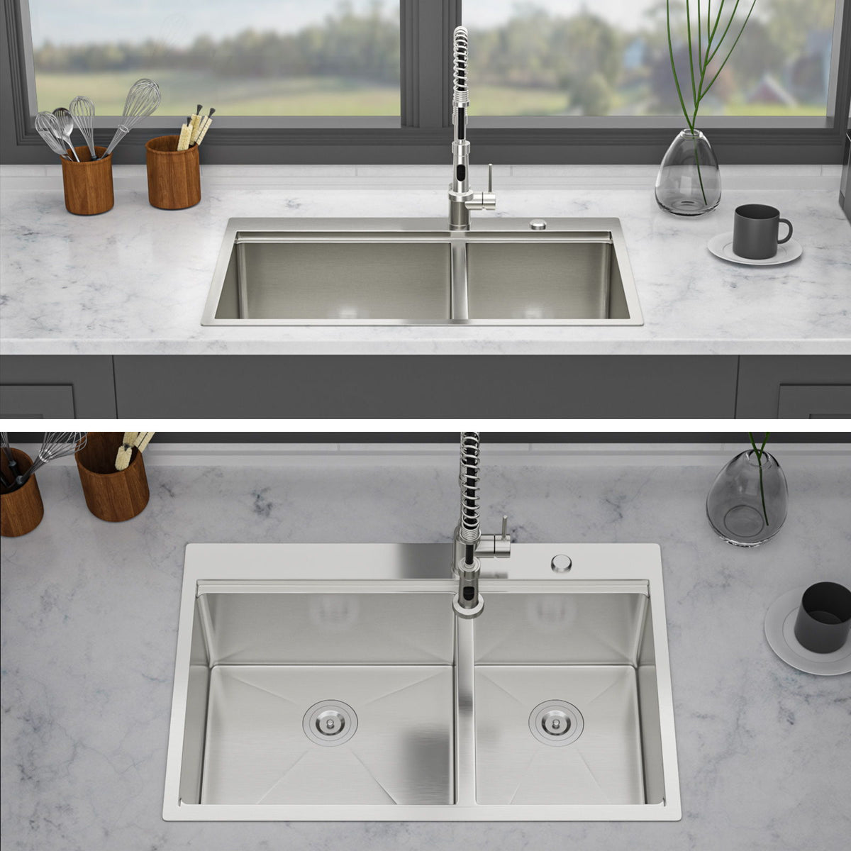 Gray Double Bowl Kitchen Sink with Durable Stainless Steel - Dual Mount
