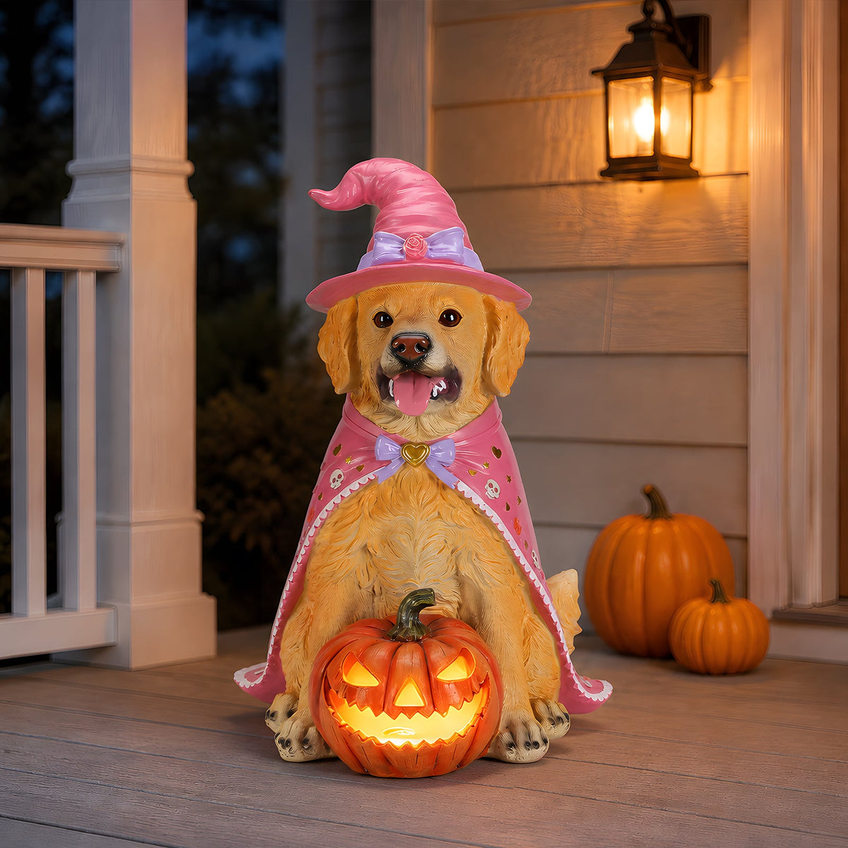 Halloween Golden Retriever Dog Statue with Light-Up Pumpkin - Multicolor