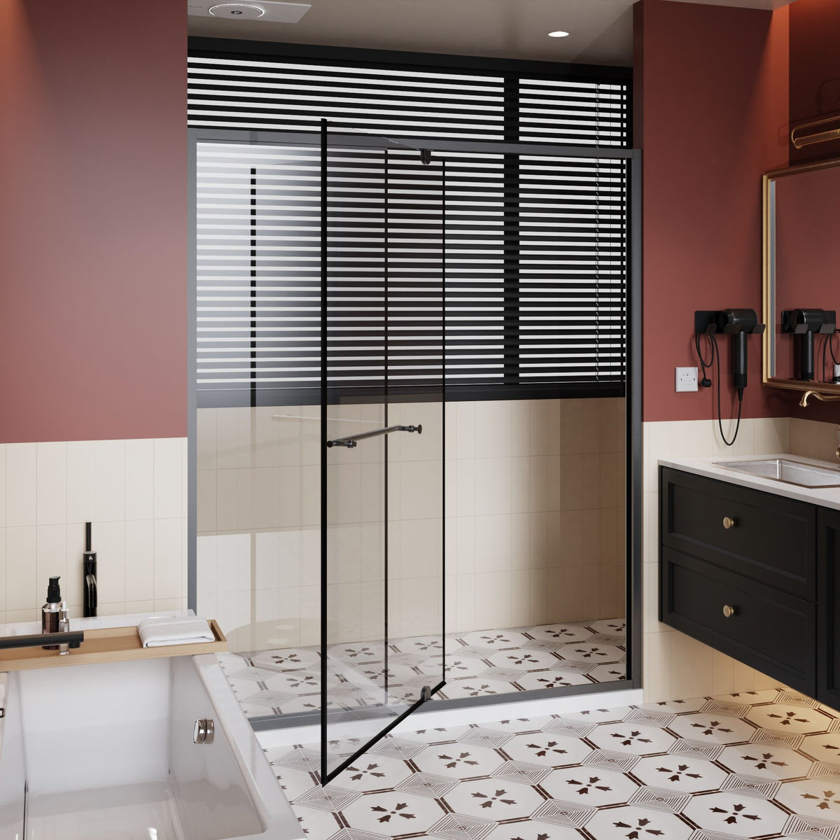 Matt Black Pivot Shower Door with Handle - 60" W x 72" H