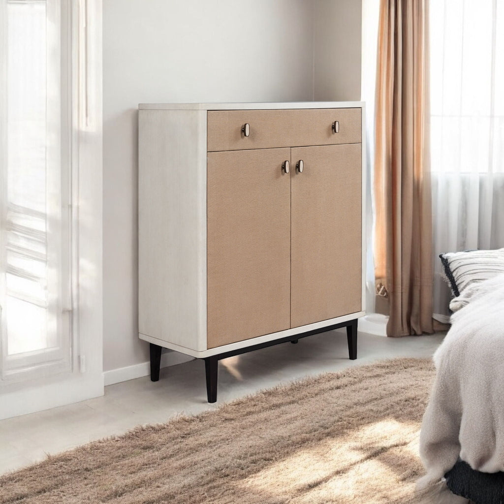 Bar Cabinet With Large Storage and Soft-Close Doors - White & Pecan