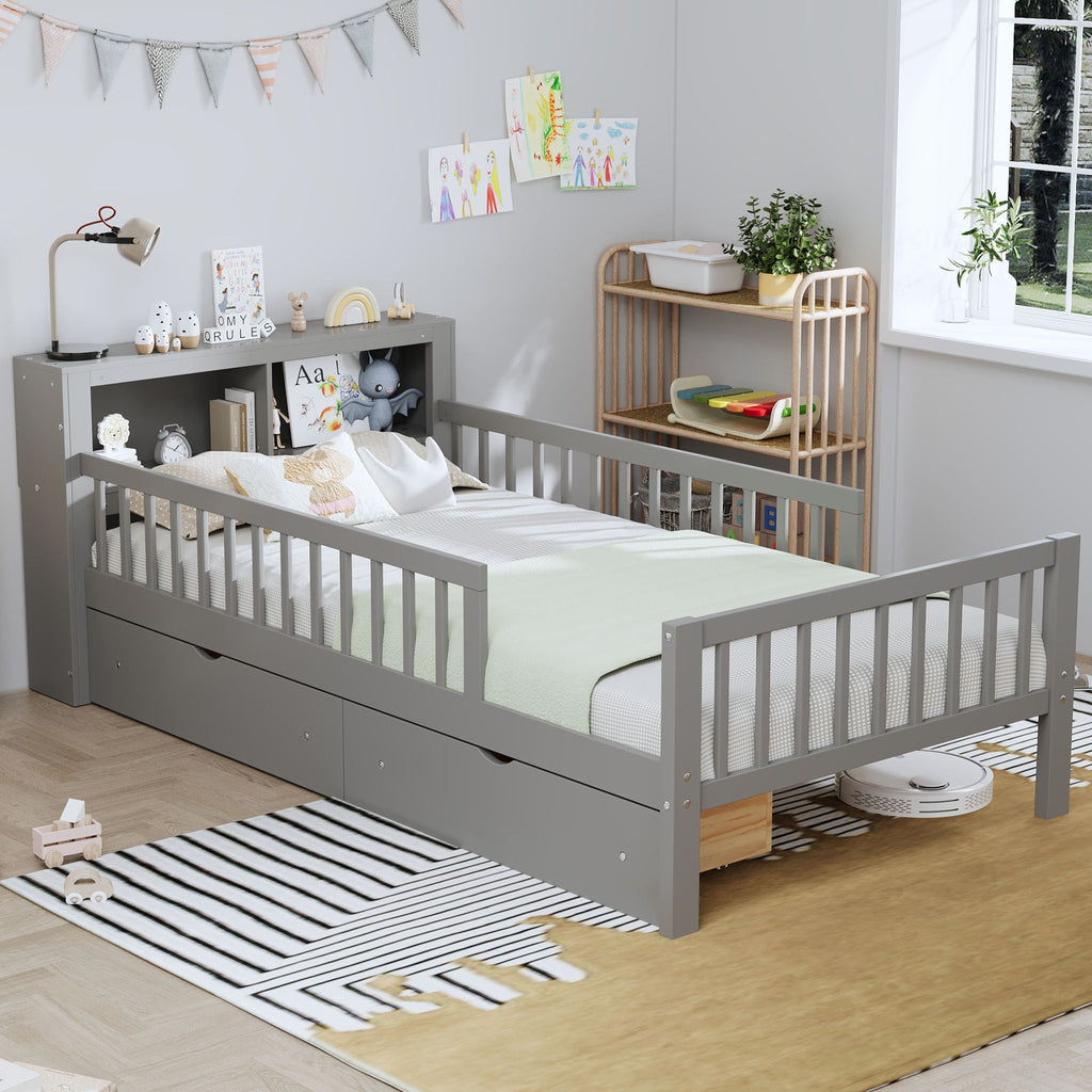 Twin Storage Bed with Headboard Rack & Under-Bed Drawers - Multiple Colors