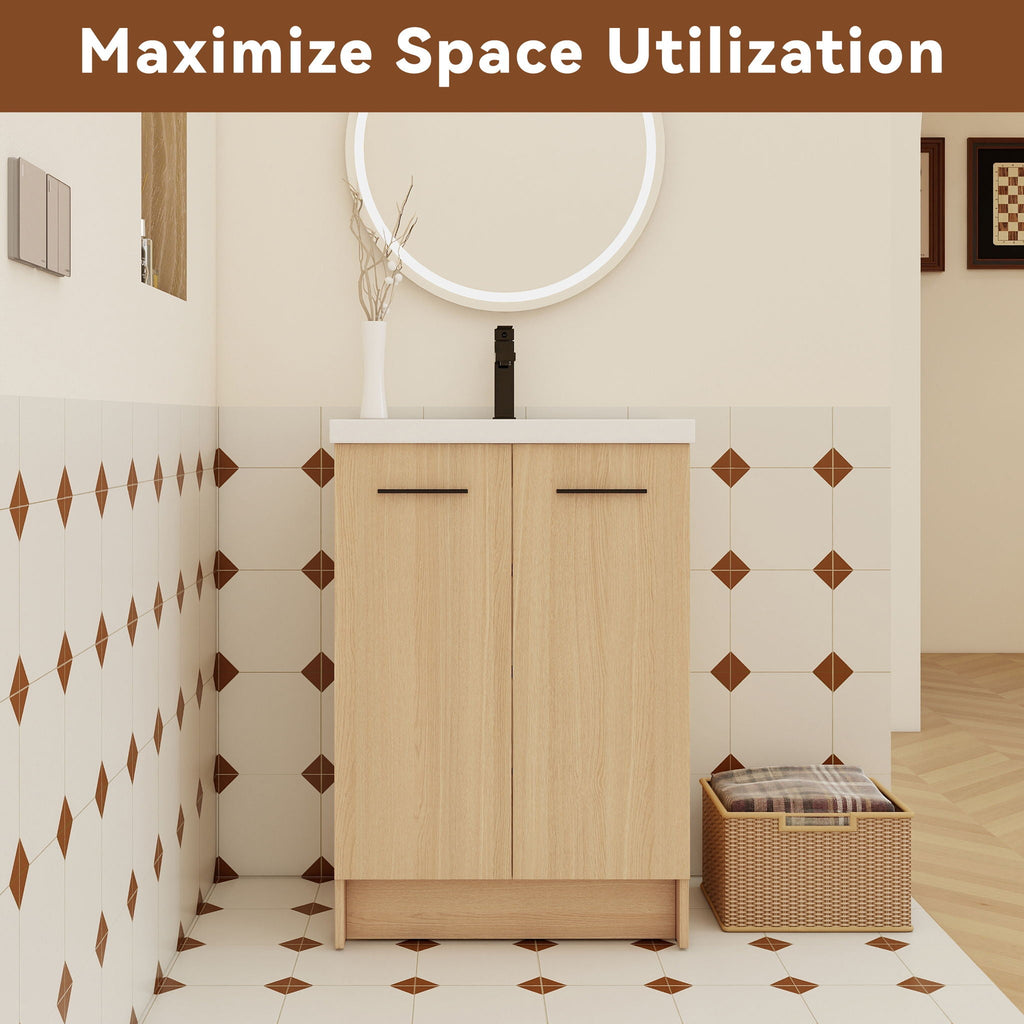 Floating Bathroom Vanity With Sink, Wall Mounted Double Door Storage - Light Brown