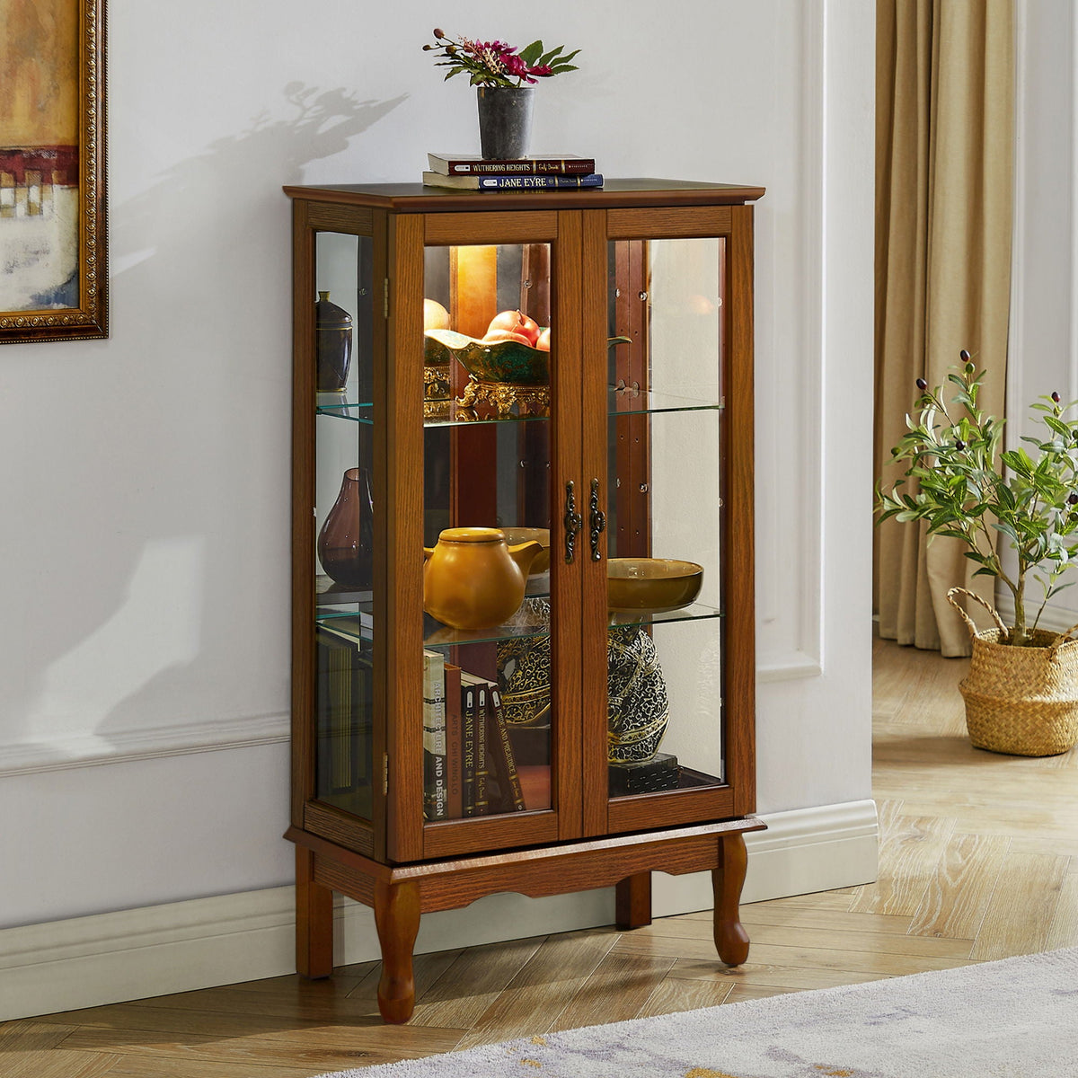 Lighted Curio Display Cabinet with Adjustable Shelves - Light Brown, Dark Brown, Dark Red