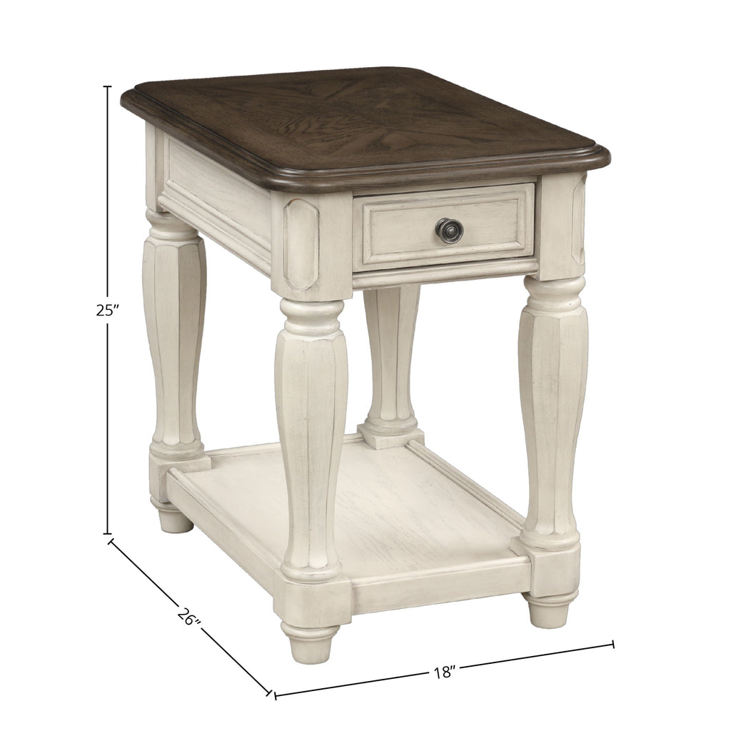 Antique White Chairside Table with Storage - Solid Wood & MDF