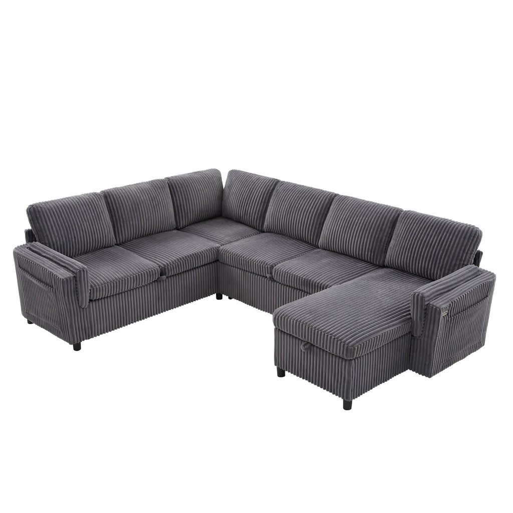 Convertible U-Shaped Sectional Sofa Bed with USB Ports and Storage – Black, Dark Gray, Blue