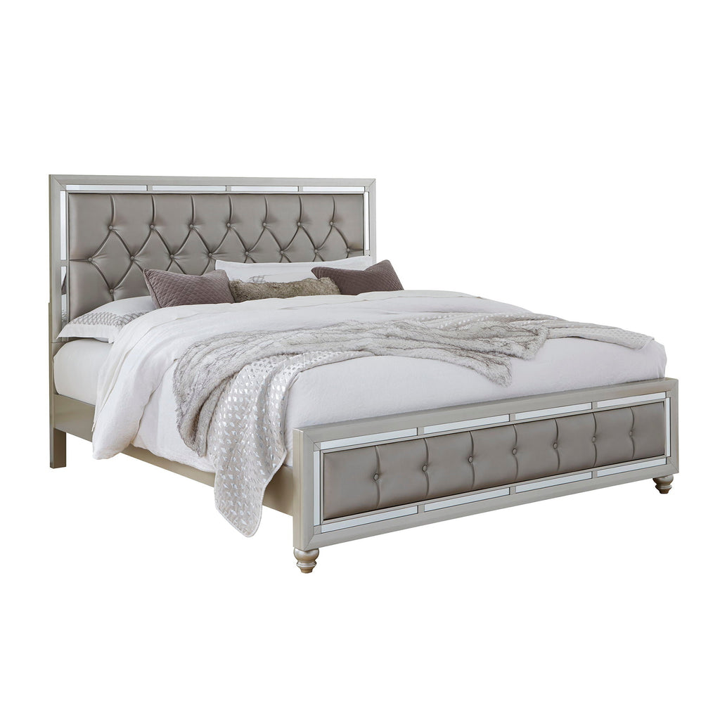 Elegant Design Panel Bed with Tufted Headboard - Pearl Silver