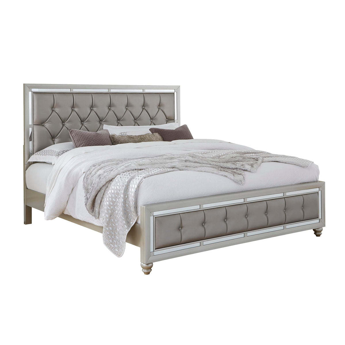 Elegant Design Panel Bed with Tufted Headboard - Pearl Silver