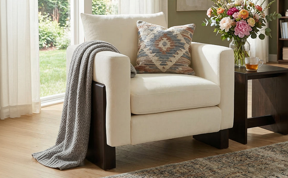 Modern Accent Chair with Rubberwood Legs - Beige Chenille