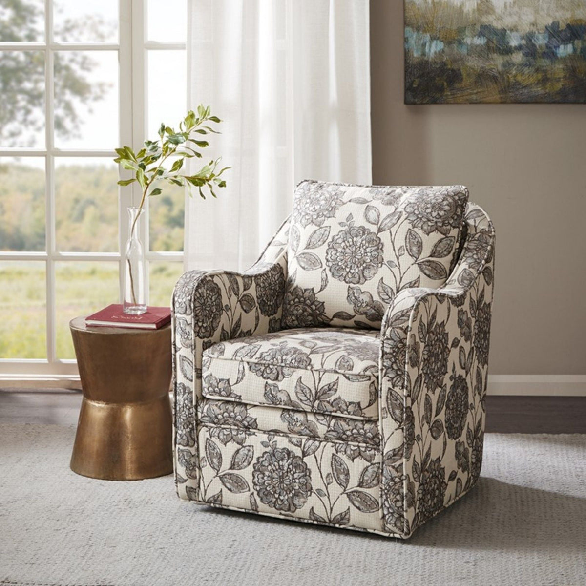 Wide Seat Swivel Arm Chair with 360 Degree Rotation - Gray or Beige