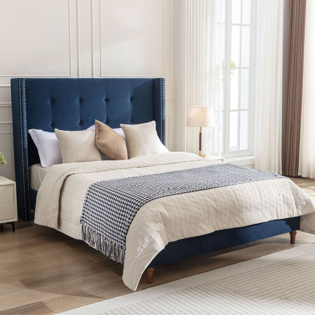 Upholstered Bed with 54" High Headboard and Hand Buttoned Tufting - White or Blue