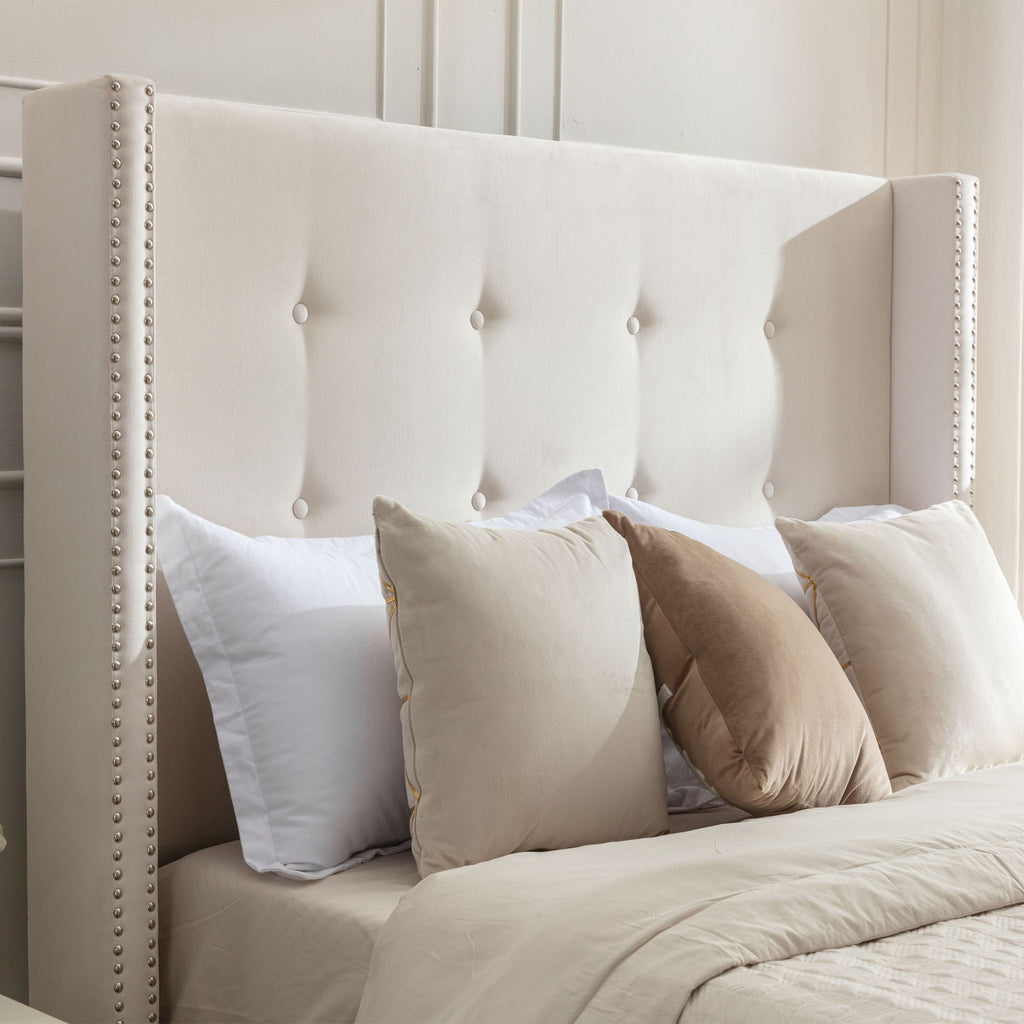 Upholstered Bed with 54" High Headboard and Hand Buttoned Tufting - White or Blue