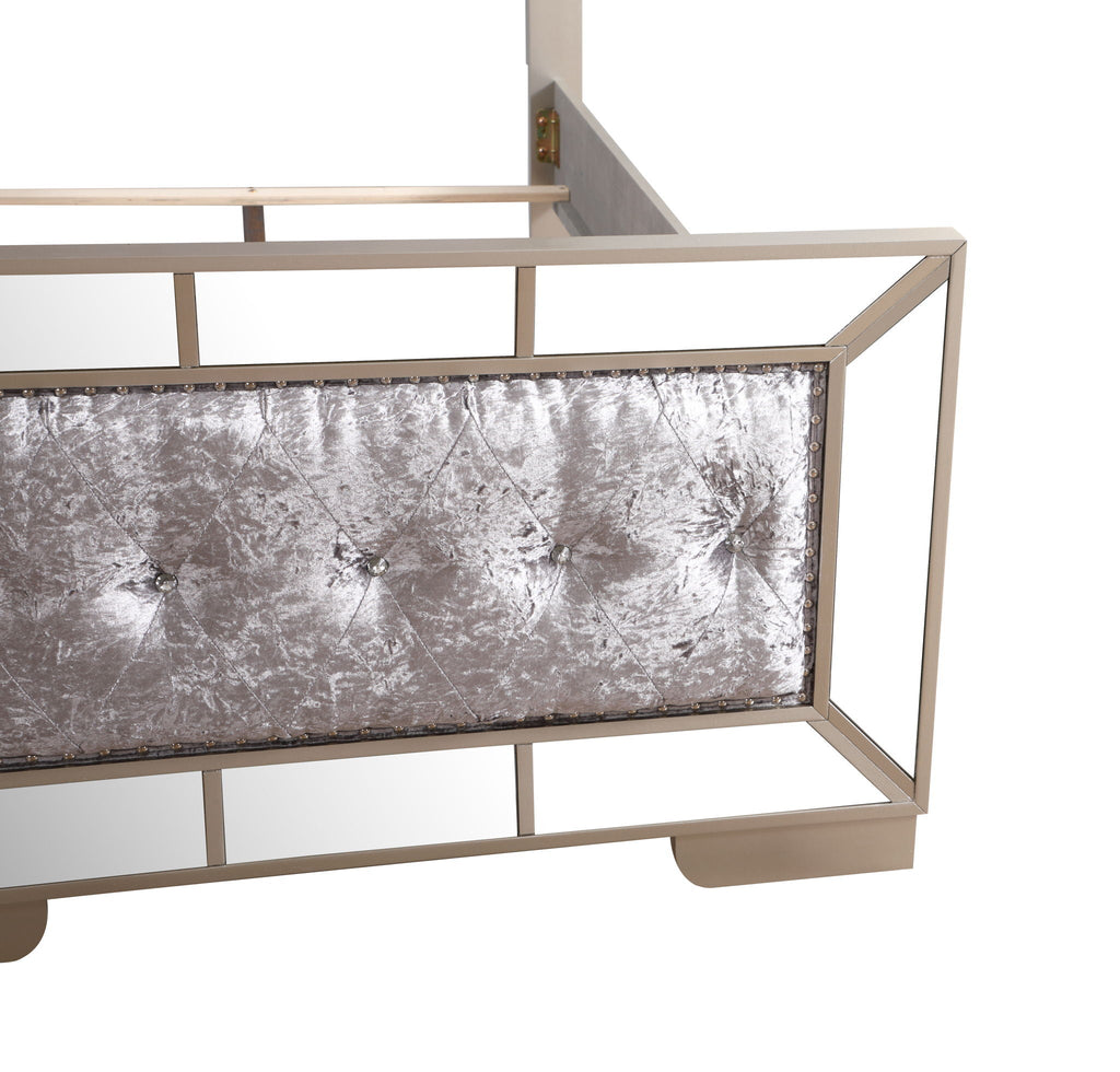 Contemporary Panel Bed with Mirrored Accents - Beige or Pearl Silver