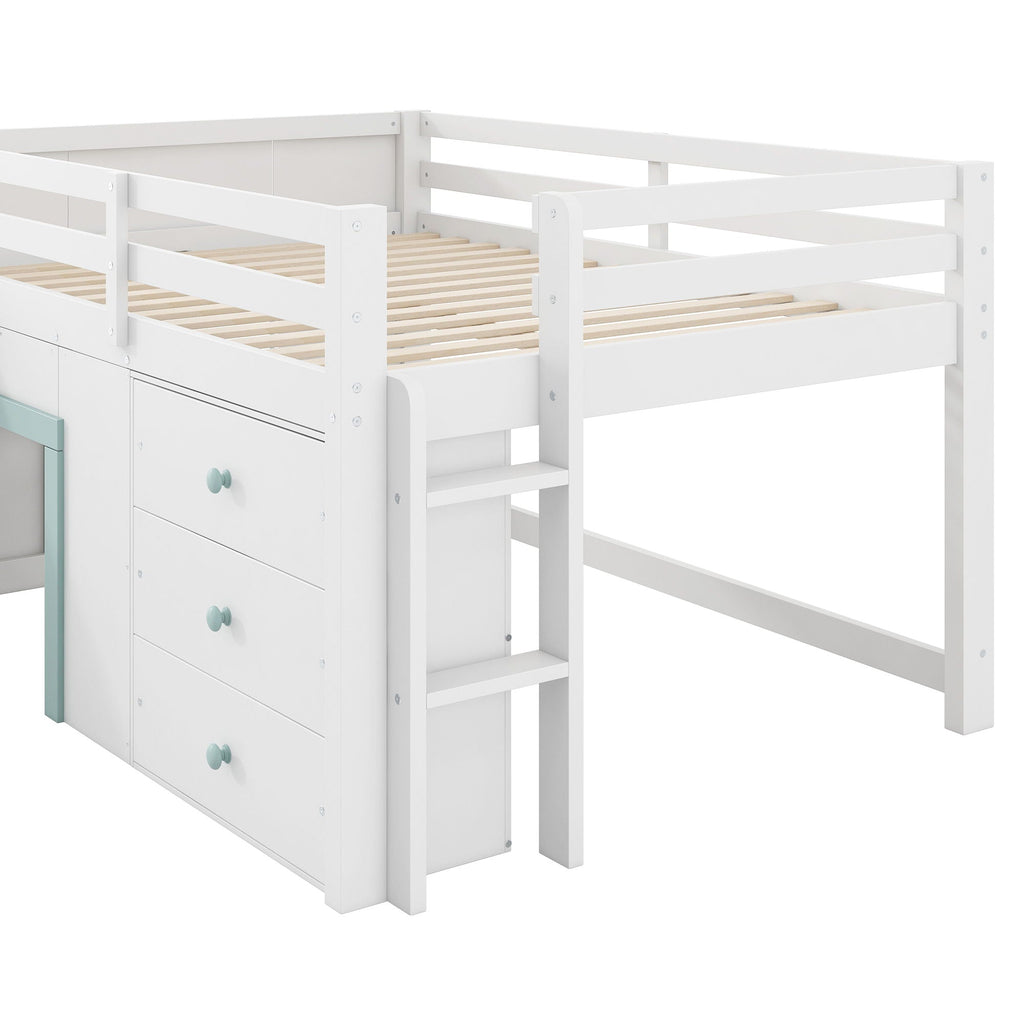 Modern Low Loft Bed with Slide, 3 Storage Drawers and 2 Doors - White