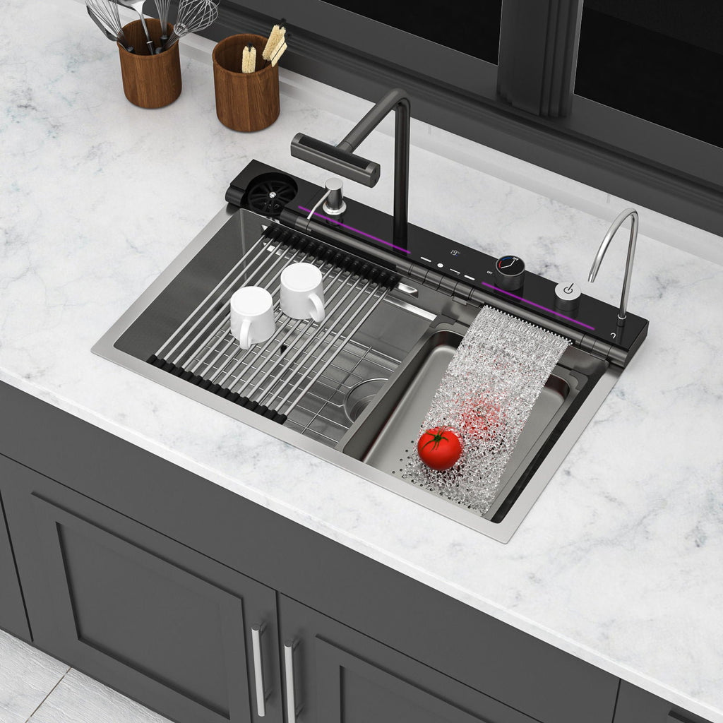 30" Single Bowl Kitchen Sink with Smart LED Faucet - Black or Gray