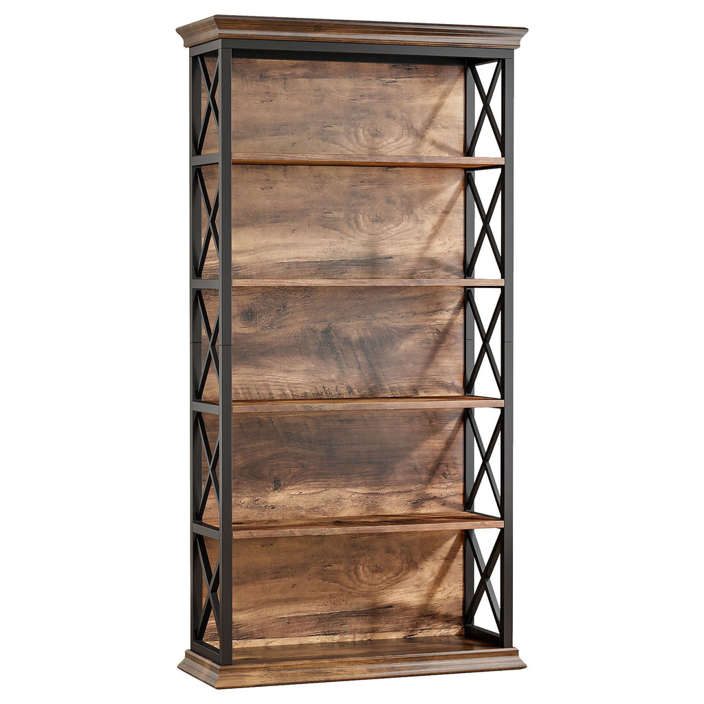 6 Tier Industrial Bookcase with X Pattern Design - Rustic Brown