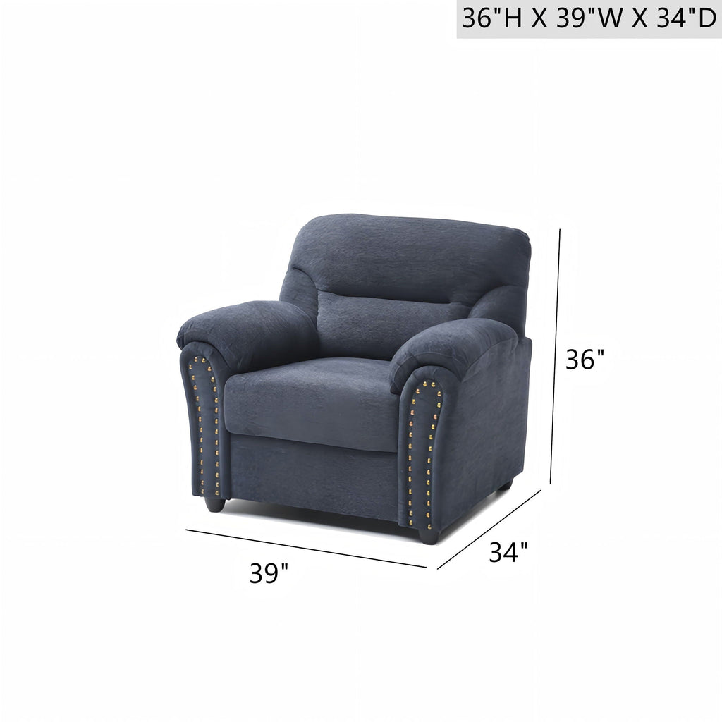 Hamilton Arm Chair with Hand-Applied Nailhead Trim and Pillow Top Cushions - Blue, Gray, Dark Brown