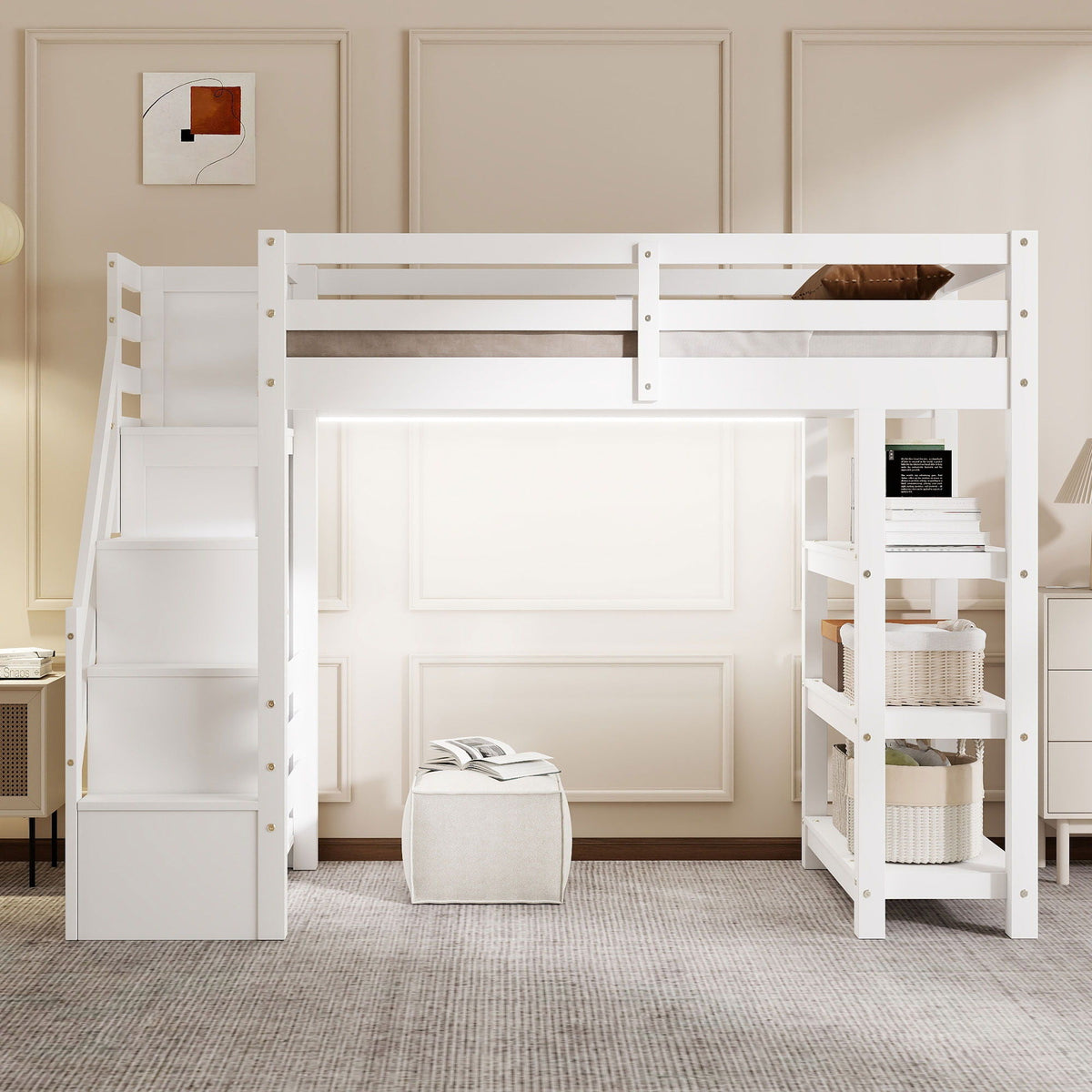 Loft Bed With 4 Layer Shelves, Storage Staircase, Small Wardrobe And LED Light