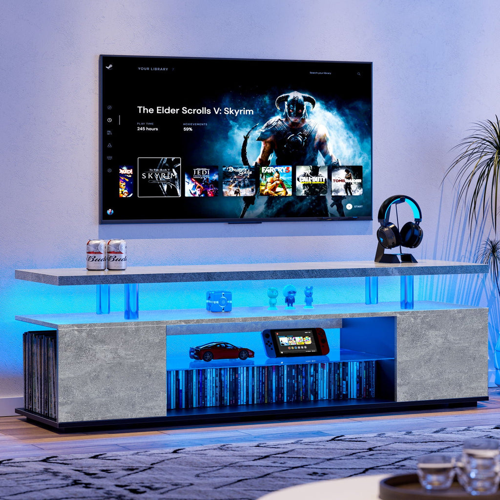 TV Stand with LED and Large Side Cabinet - White, Black, or Gray