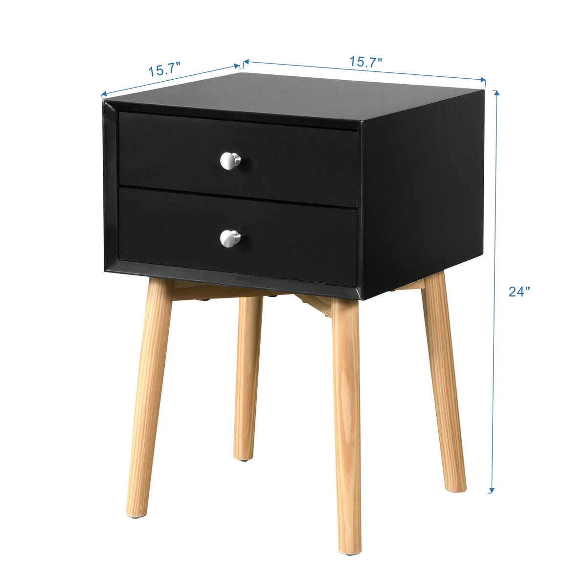 Mid-Century Modern 2-Drawer Accent Nightstand with Rubber Wood Legs – Dark Gray or Black