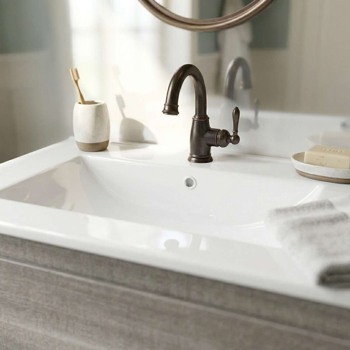 24" Ceramic Drop-In Bathroom Vessel Sink with Single Faucet Hole - White