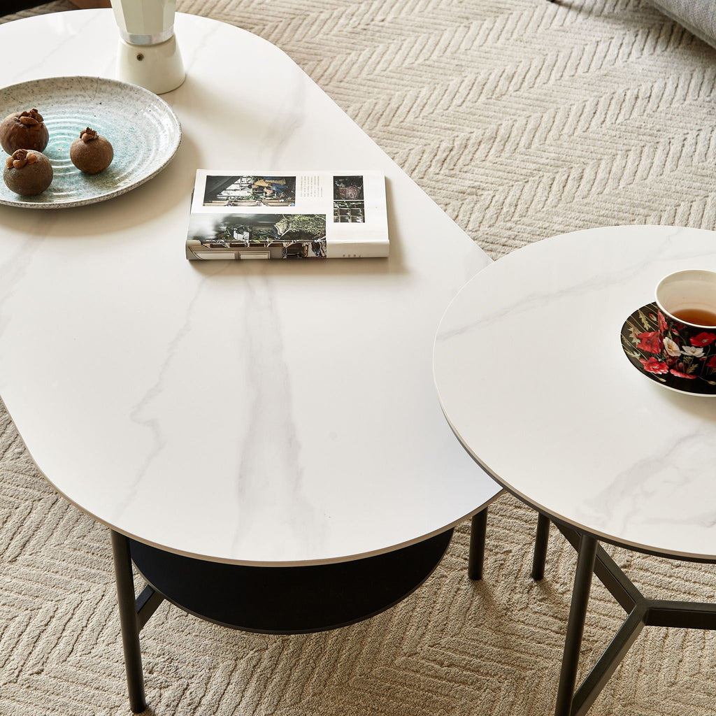 Contemporary Coffee Table with Sintered Stone Surface and Double Layer - White / Gray