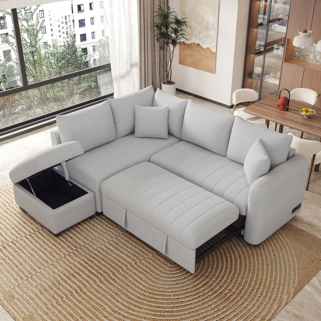 L-Shaped Sleeper Sectional with Pull-Out Bed and Storage Ottoman - Gray or Beige