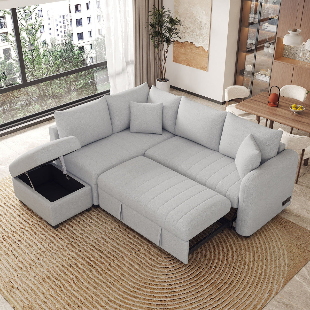 L-Shaped Sleeper Sectional with Pull-Out Bed and Storage Ottoman - Gray or Beige