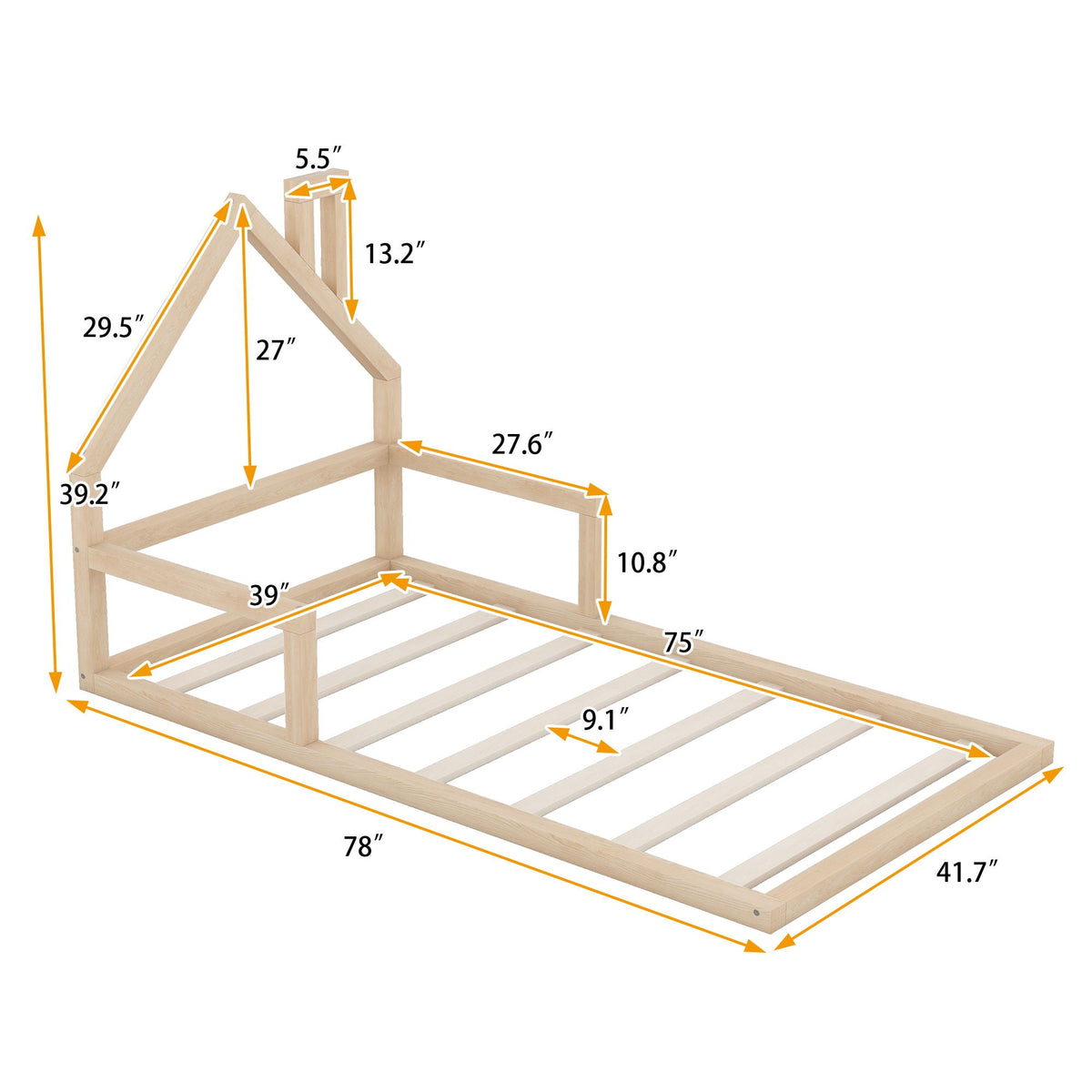 Floor Bed With House Shaped Headboard - Twin Size, Solid Pine - White or Light Brown