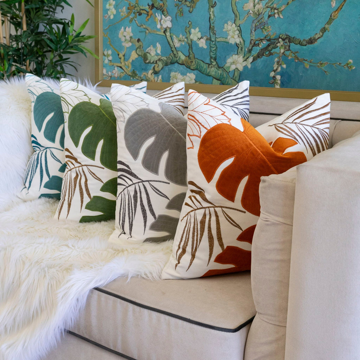 Autumn Vibes Leaf Accent Pillow with Soft Texture - Green, Dark Gray, Light Blue, Yellow, Orange