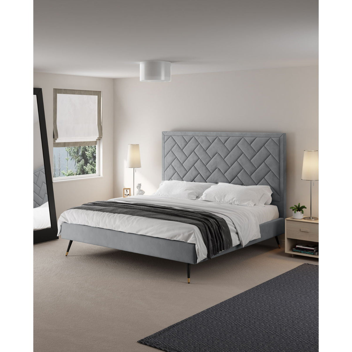Upholstered Bed with Headboard and Slats - Multiple Colors