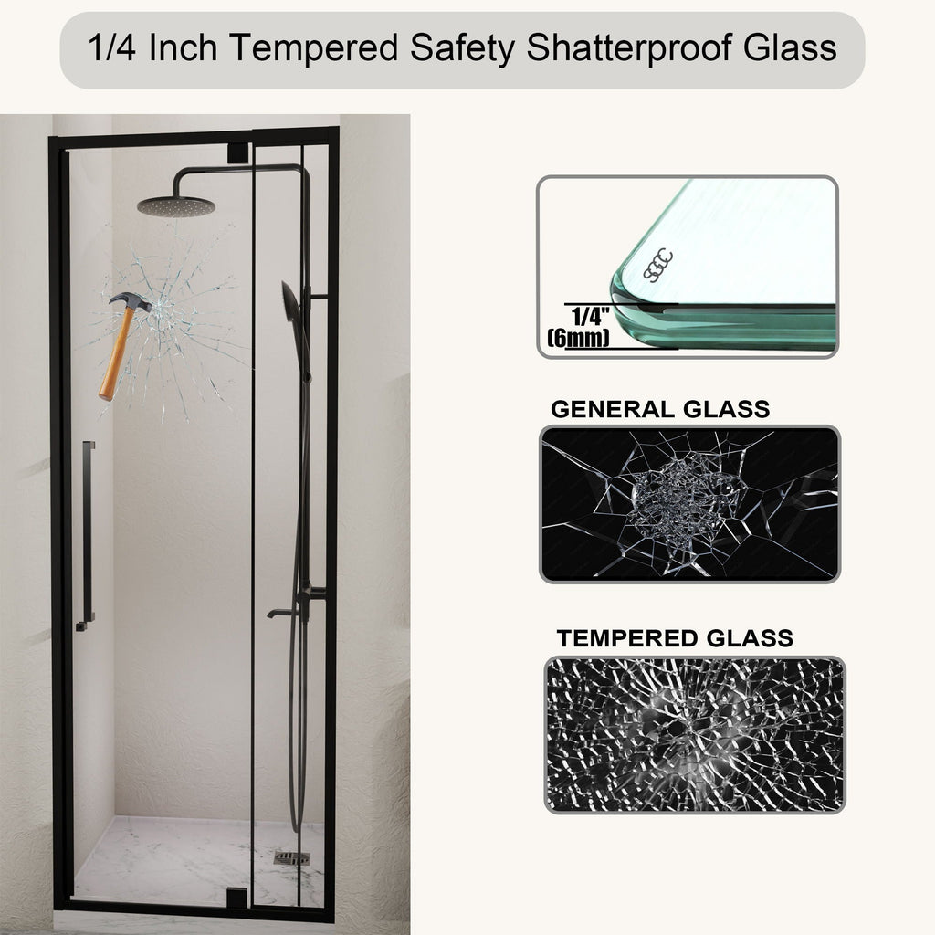 Semi Frameless Pivot Hinged Shower Door with Reversible Design - Black