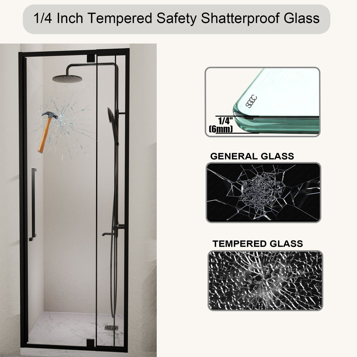 Semi Frameless Pivot Hinged Shower Door with Reversible Design - Black