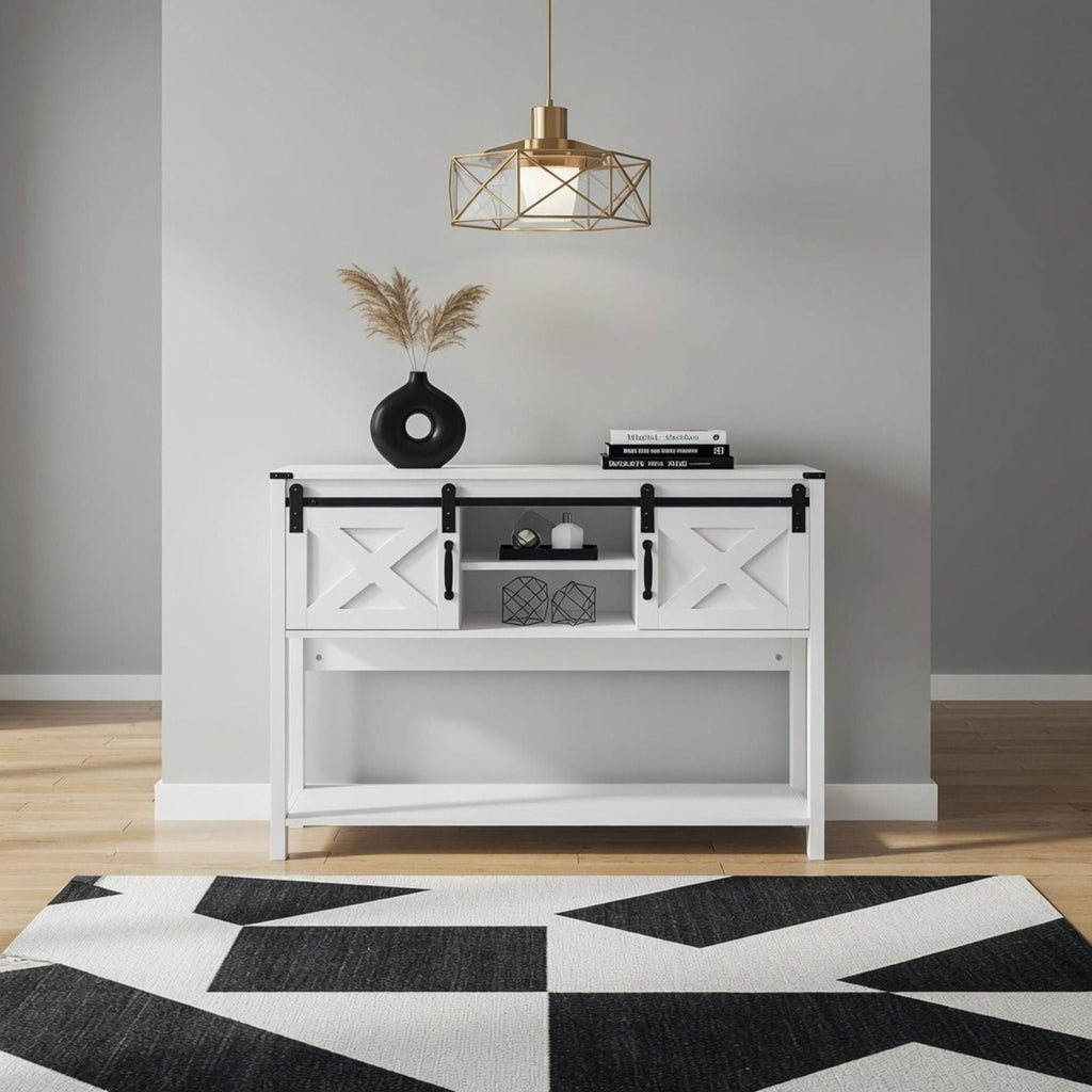 Farmhouse Entryway Table with Sliding Barn Door - Gray, Dark Gray, White, Black