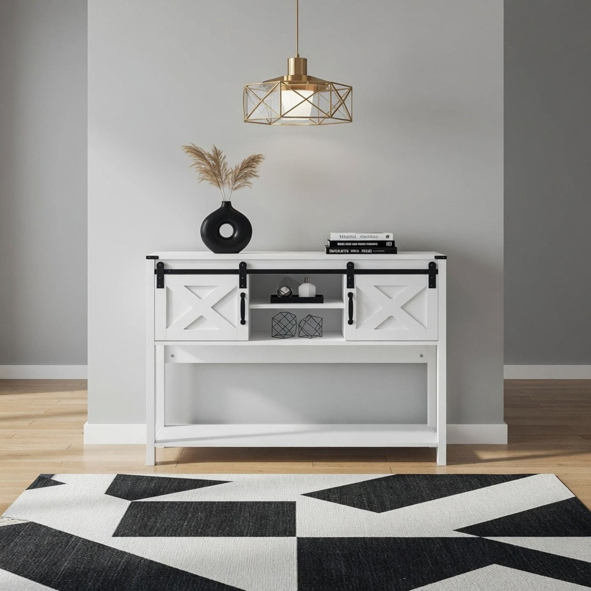 Farmhouse Entryway Table with Sliding Barn Door - Gray, Dark Gray, White, Black