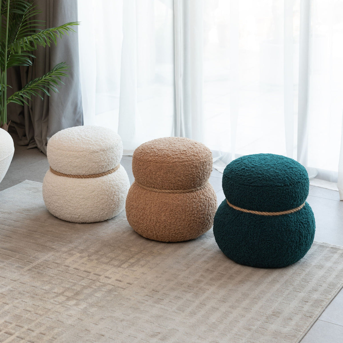 Snowman Stool Ottoman with Lamb Wool Cushion and Solid Wood Frame - White, Light Brown, Dark Green