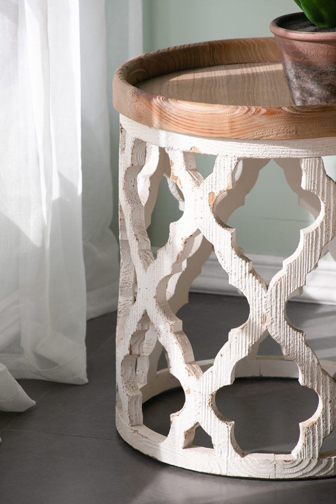 Rustic Round Wooden Side Table with Lattice Detail - Light Brown