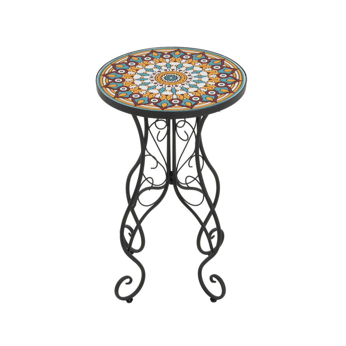 Round Ceramic Outdoor Side Table with Colorful Tile Top - Black