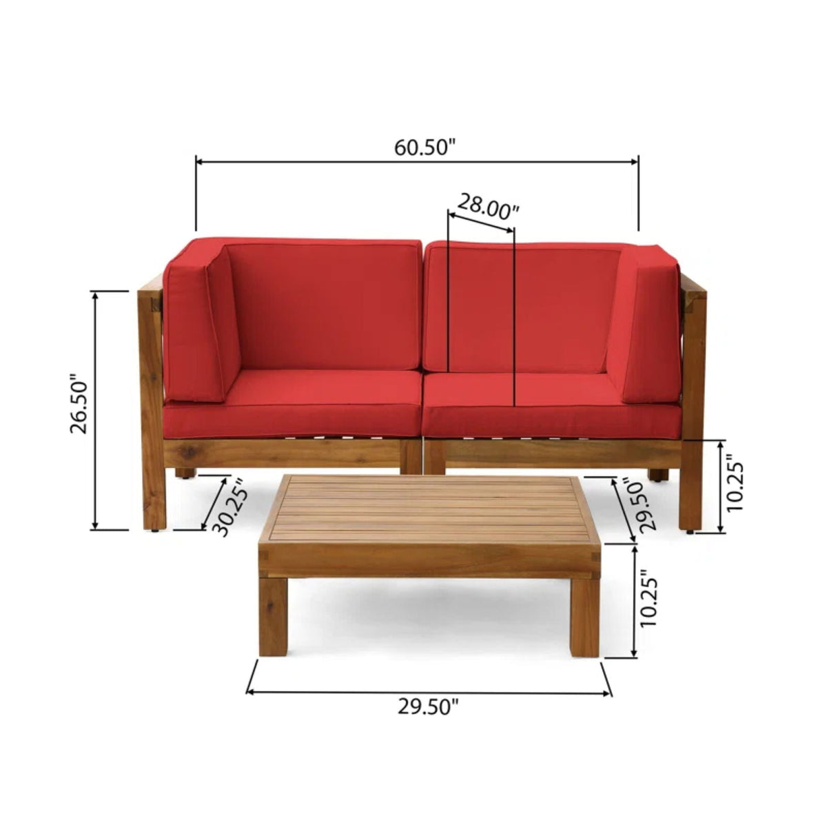 Oana 3 Piece Loveseat Set with Coffee Table - Acacia Wood Outdoor Seating