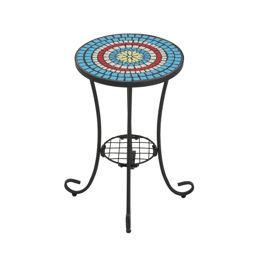 Patio Side Table with Shelf, Ceramic Top - Blue and Black