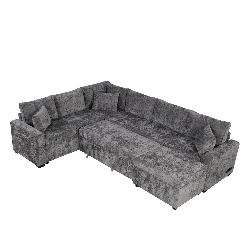 Sleeper Sectional Sofa with Storage Ottoman and USB Charging - White or Dark Gray