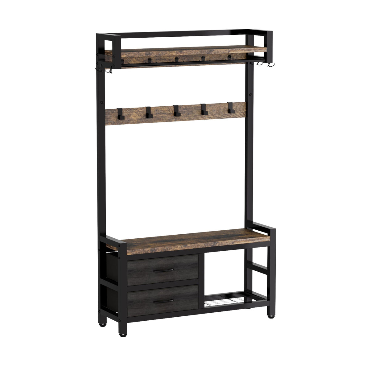 Rustic Brown Hall Tree With 2 Movable Drawers
