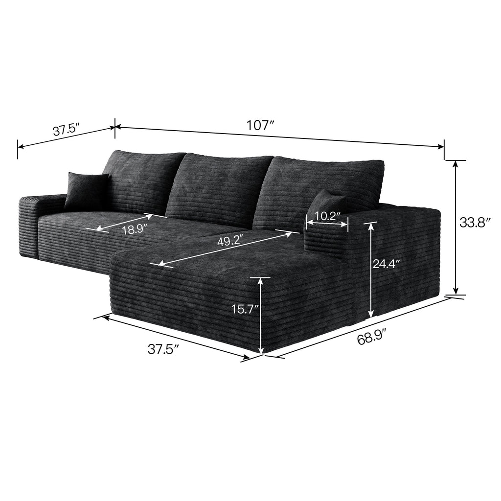 Cloud Sectional Couch with L-Shape Chaise - Plush Corduroy - Black