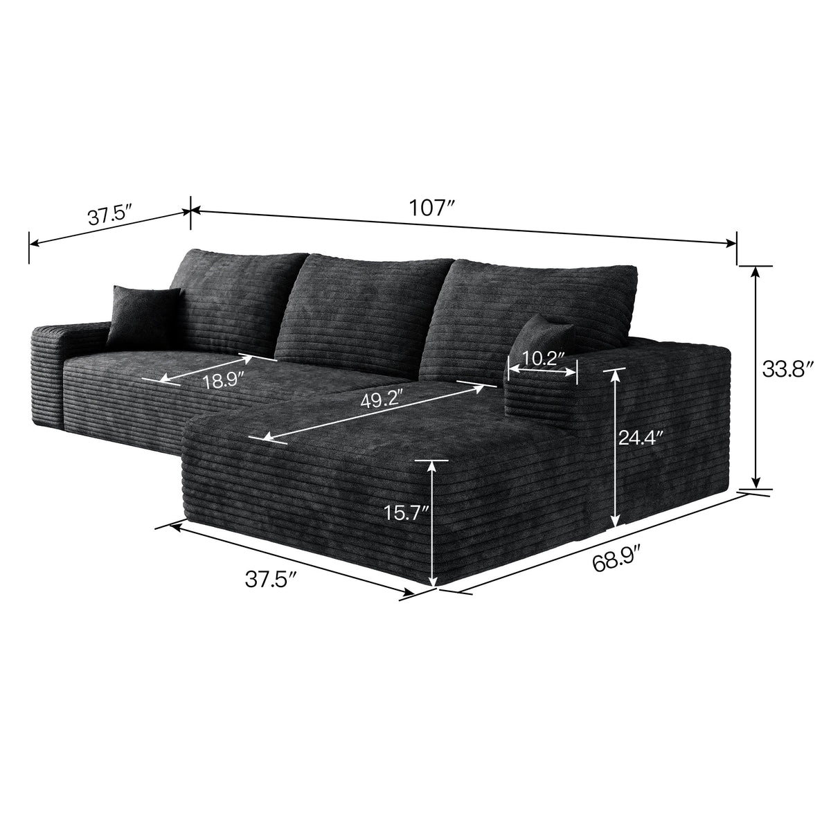 Cloud Sectional Couch with L-Shape Chaise - Plush Corduroy - Black