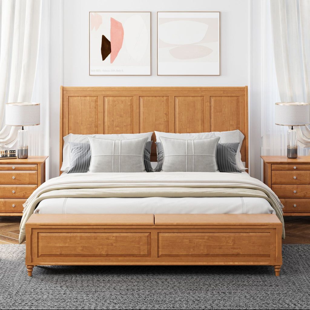 Sleigh Bed Frame with Tall Headboard and Storage Bench - Dark or Light Brown