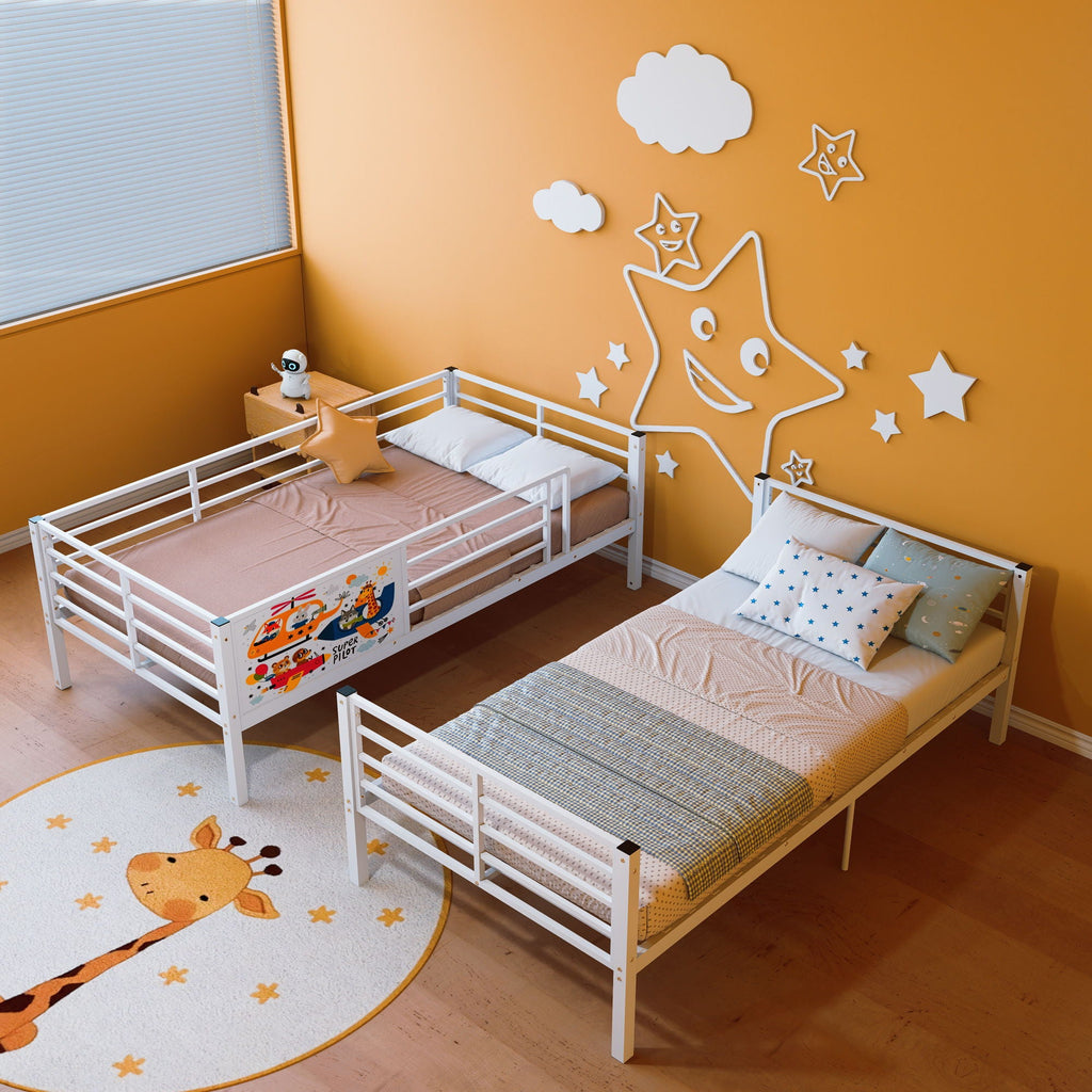 White Convertible Twin Bunk Bed with Full Length Guardrail & Ladder