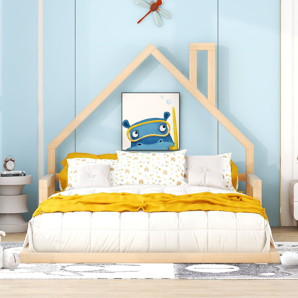 Elegant Floor Bed With House Shaped Headboard - Full Size Solid Wood
